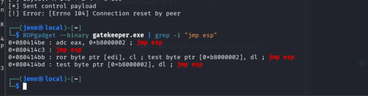 ROPgadget output showing jmp esp at 0x080414c3 in gatekeeper.exe